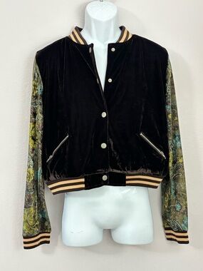 POL Burgundy Velvet Boho Baseball Jacket w/Long Floral Pattered Sleeves Size L